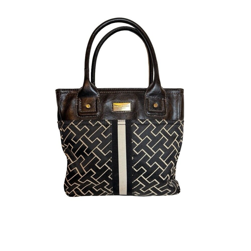 Tommy Hilfiger Vintage Black Tan Monogram Logo Tote Leather Trim Top Handle Bag